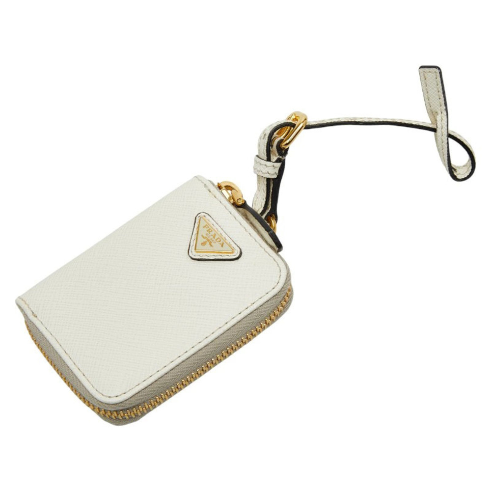Prada Triangle Plate Bag Charm coin case Wallet White Saffiano Leather